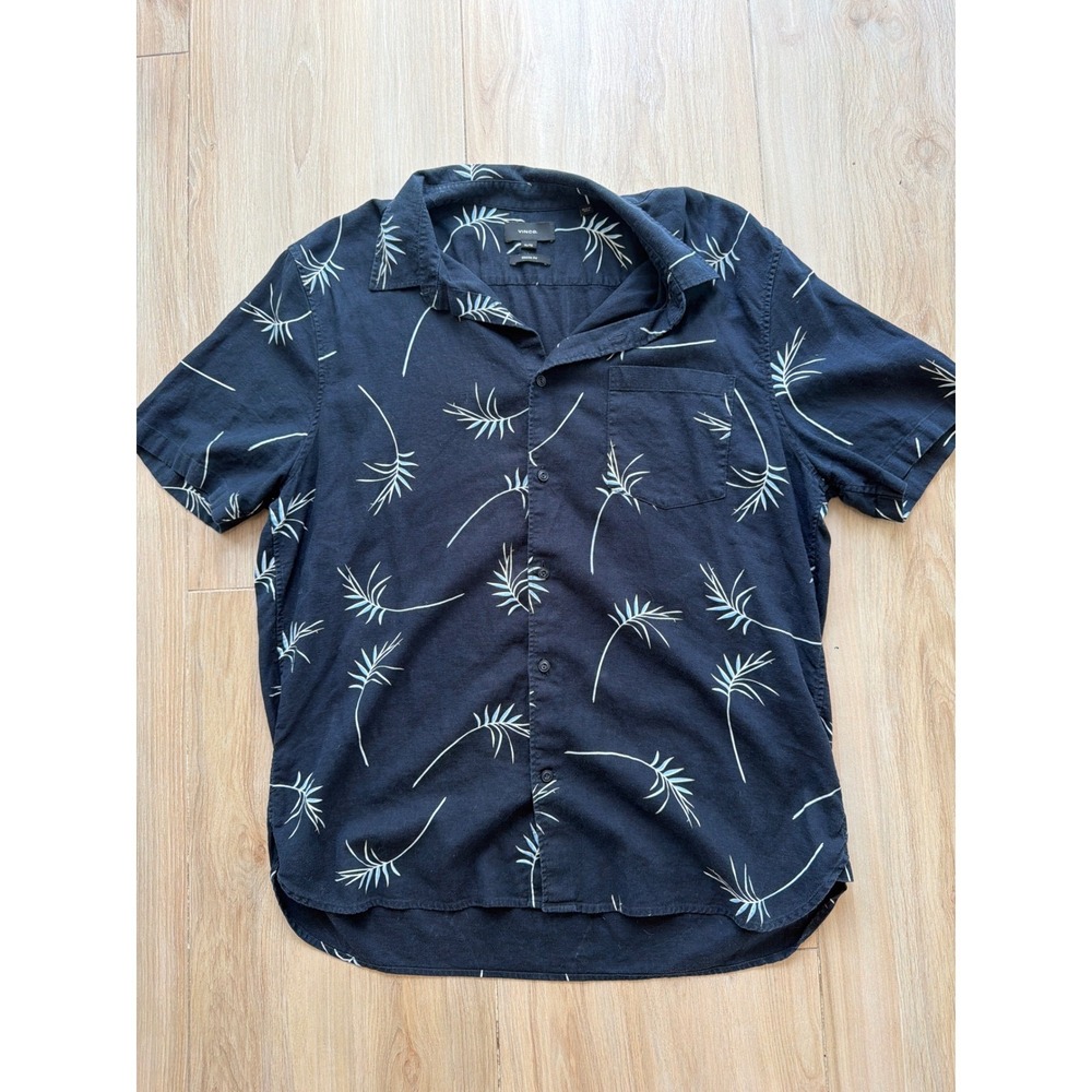 Vince Mens XL Classic Fit Linen Blend Palm Leaf Print Short‎ Sleeve Shirt Navy